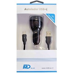 MD BLUE Autolader Duo 3,1A Zwart + 1 meter USB-C Kabel