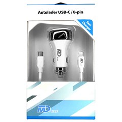 MD BLUE Autolader Duo Type C 20W Wit + 1 meter USB-C / 8pin